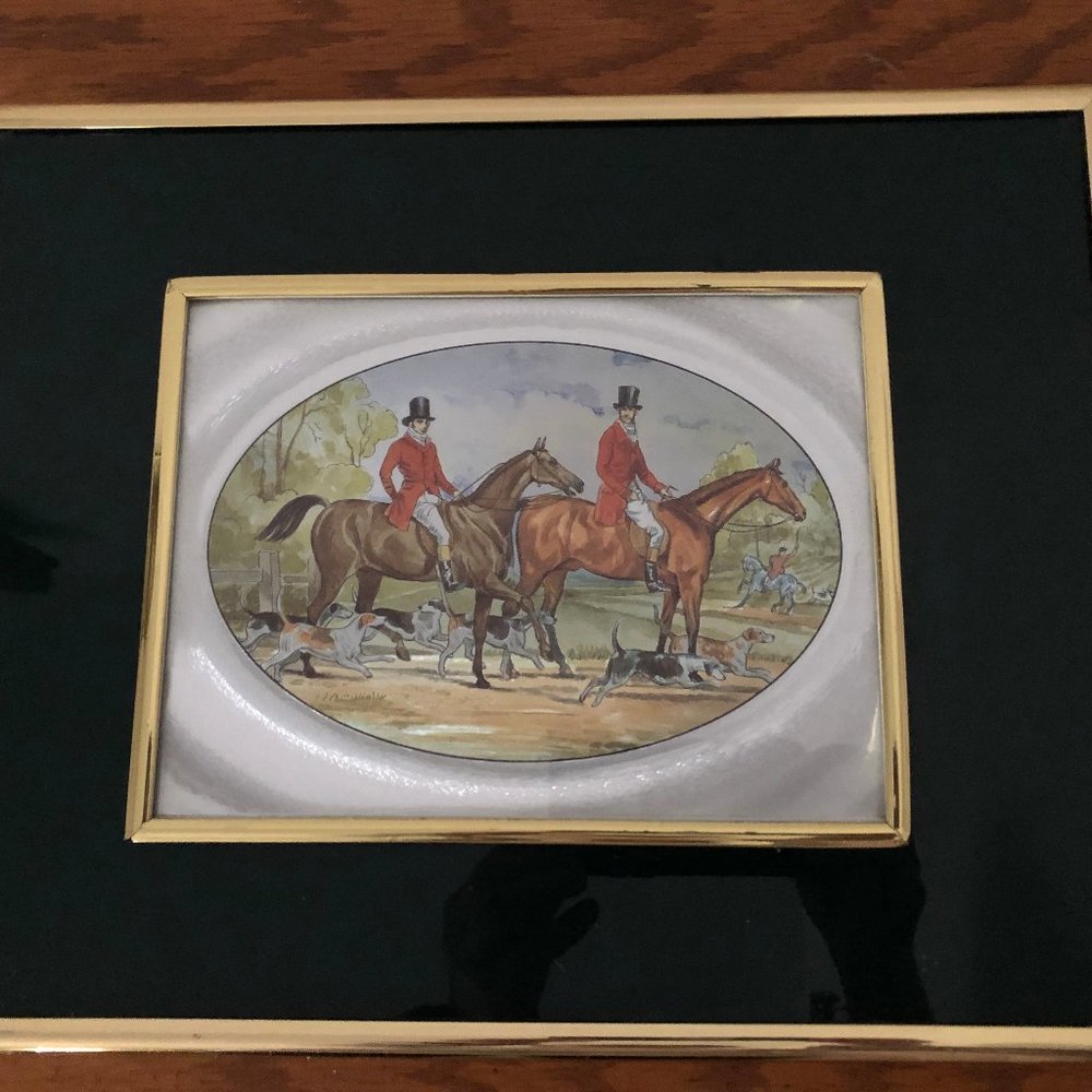 Framed metallic foil art print men riding horses running dogs